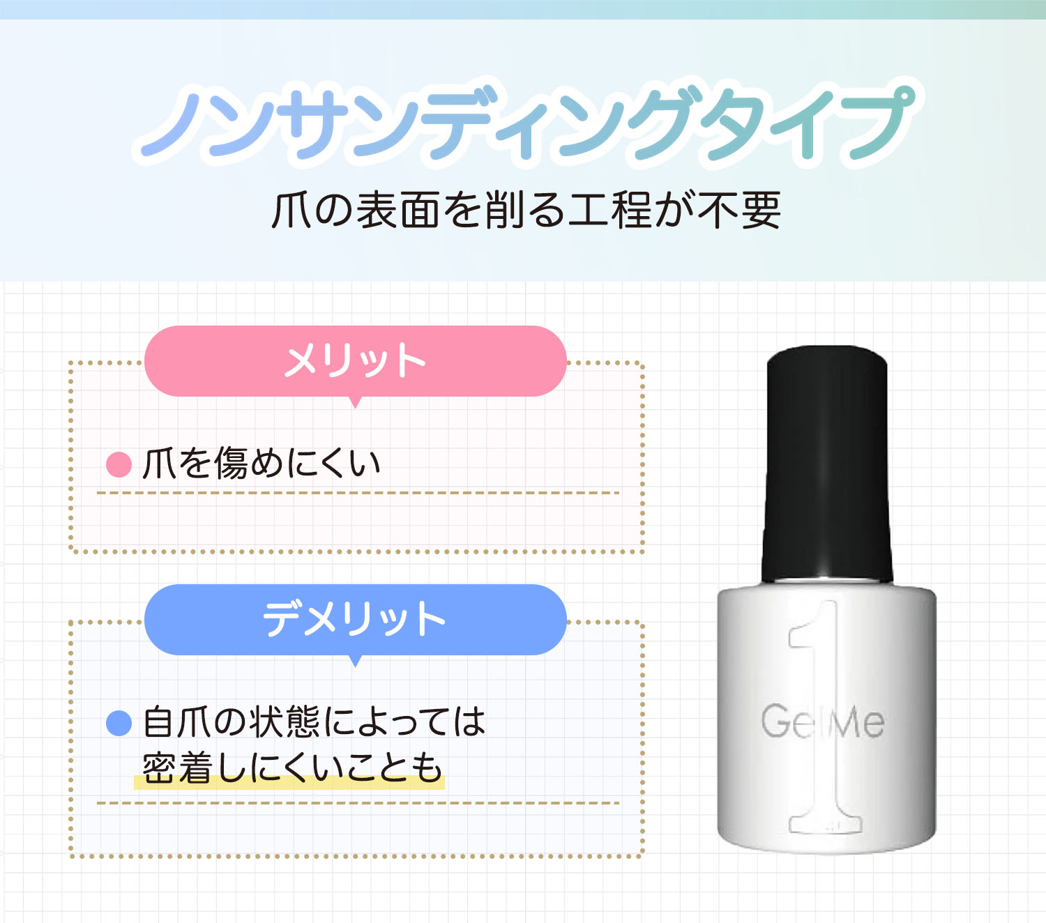 ノンサンディングタイプは爪の表面を削る工程が不要。爪を傷めにくいのがメリットですが自爪の状態によっては密着しにくいこともあるのがデメリットです。