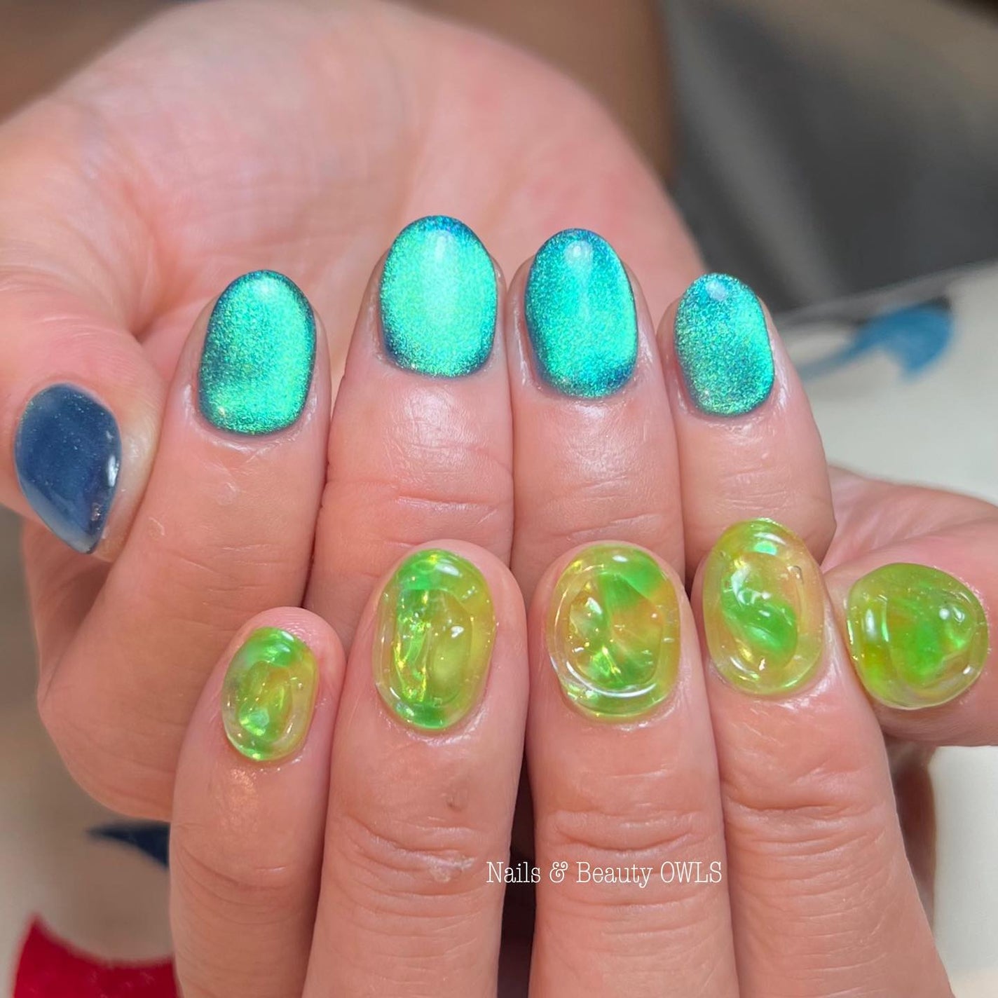 ぴよこれいと あうるす on LIPS 「グリーンで合わせたチグハグネイル💅駆け足になってしまいますが、..」(1枚目)