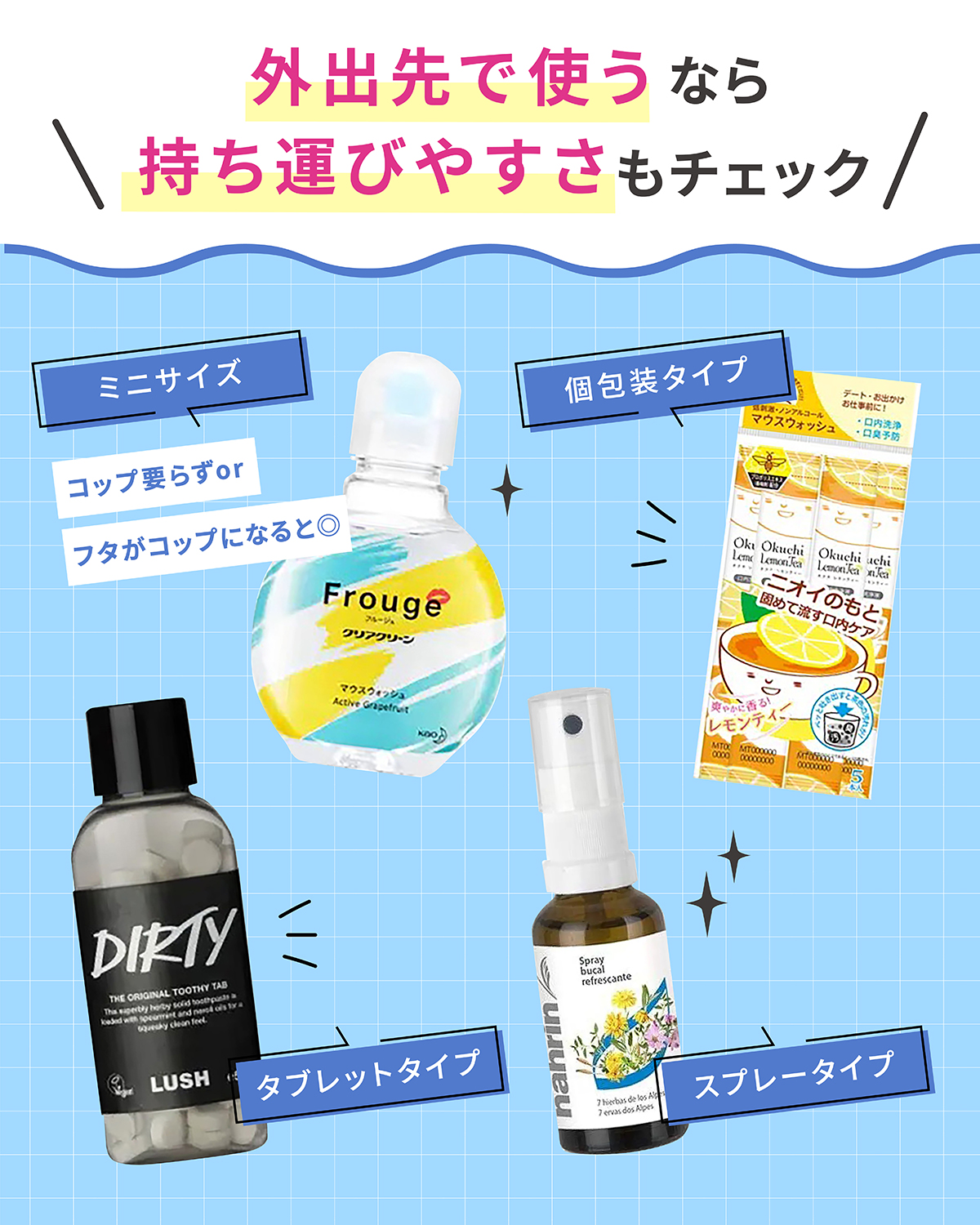 外出先で使うなら持ち運びやすさもチェック。ミニサイズはコップ要らず、またはフタがコップになると使いやすい。個包装タイプ、タブレットタイプ、スプレータイプもおすすめです。
