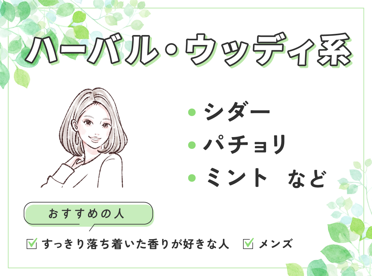 シダー・パチョリ・ミントなどのハーバル・ウッディ系はすっきり落ち着いた香りが好きな人やメンズにおすすめ。