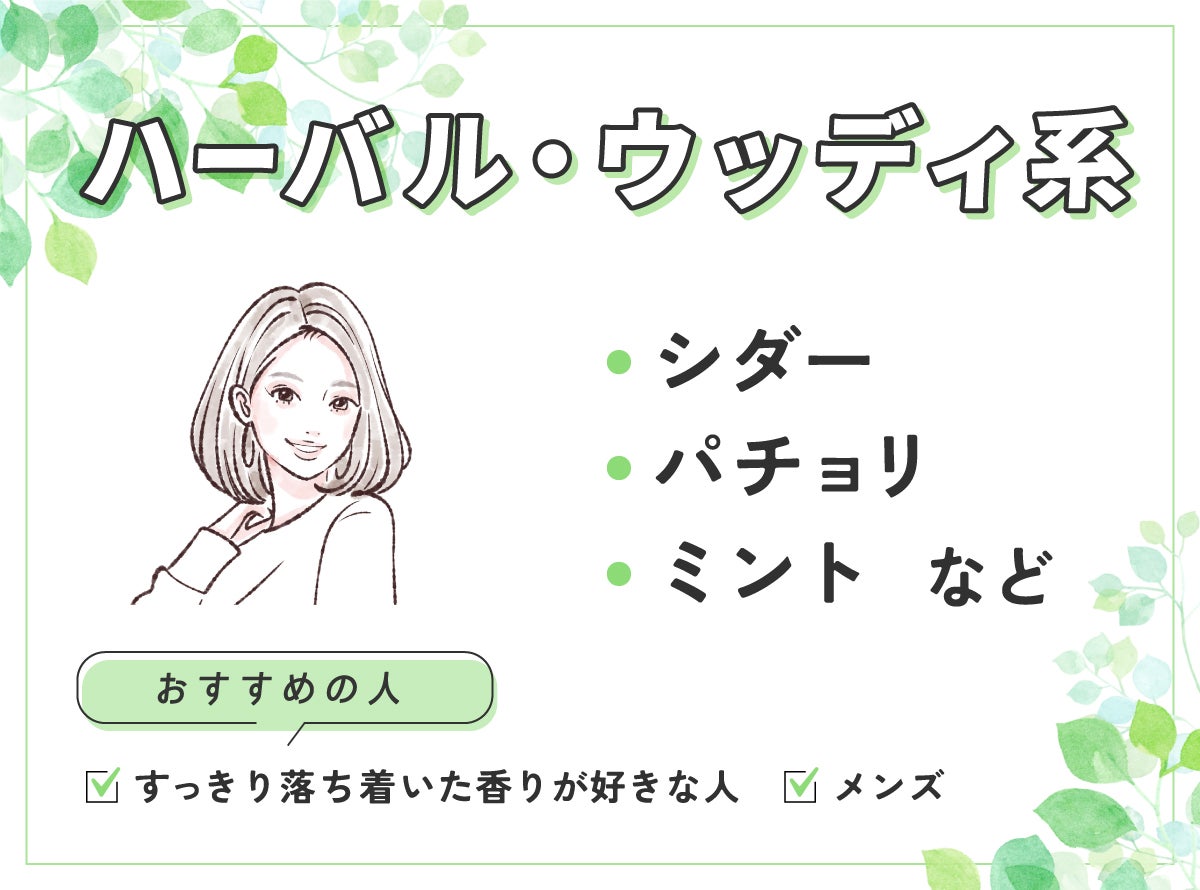 シダー・パチョリ・ミントなどのハーバル・ウッディ系はすっきり落ち着いた香りが好きな人やメンズにおすすめ。