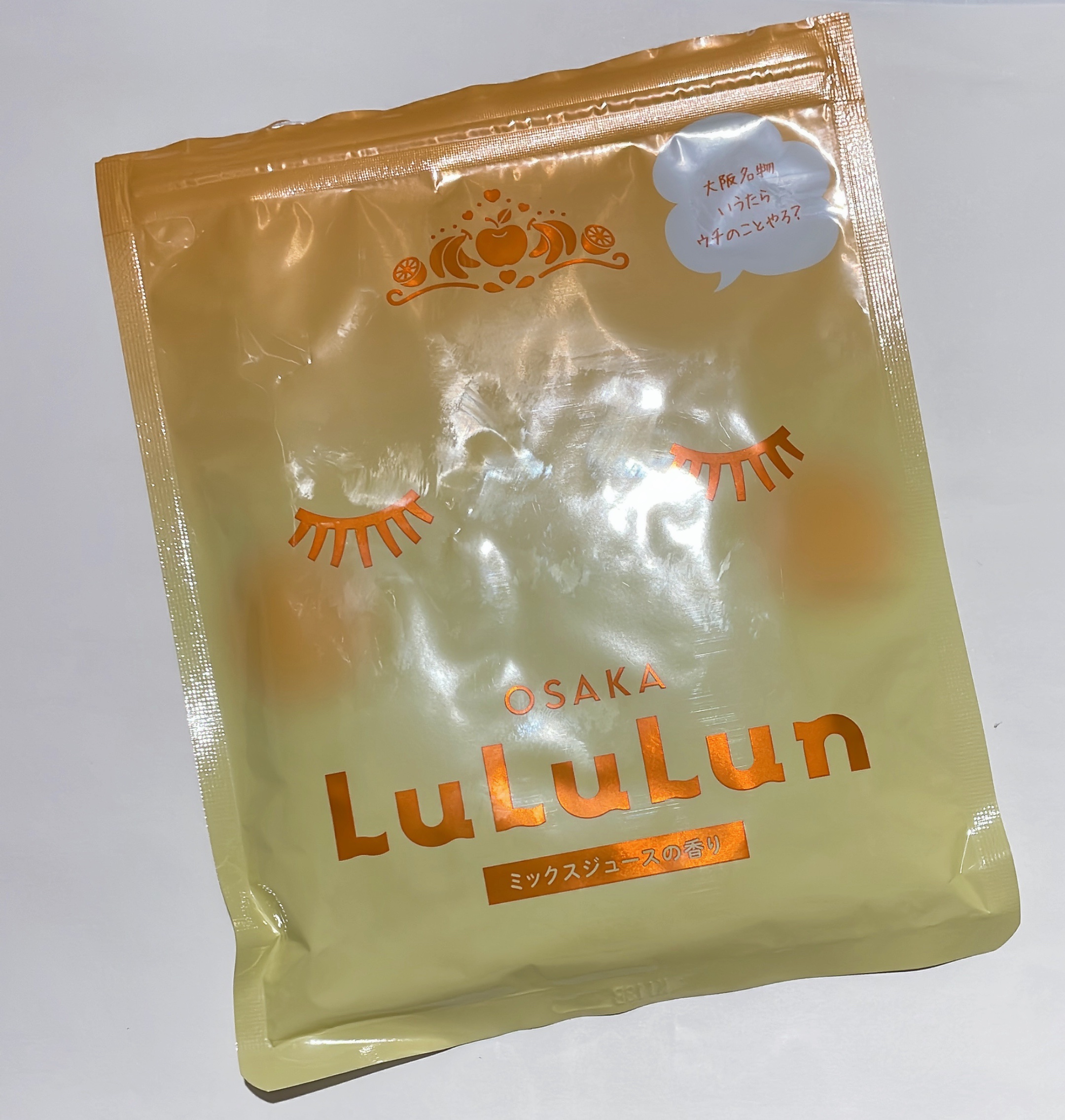 【使った商品】
大阪ルルルン　ミックスジュースの香り
【商品の特徴】
ハリ・ツヤ成分（りんご果実エキスetc）
保湿成分（大阪産吹田バナナエキス、発酵ソイミルク）
シュッとした肌になる成分（マンダリンオレンジ果皮エキスetc）
【テクスチャ