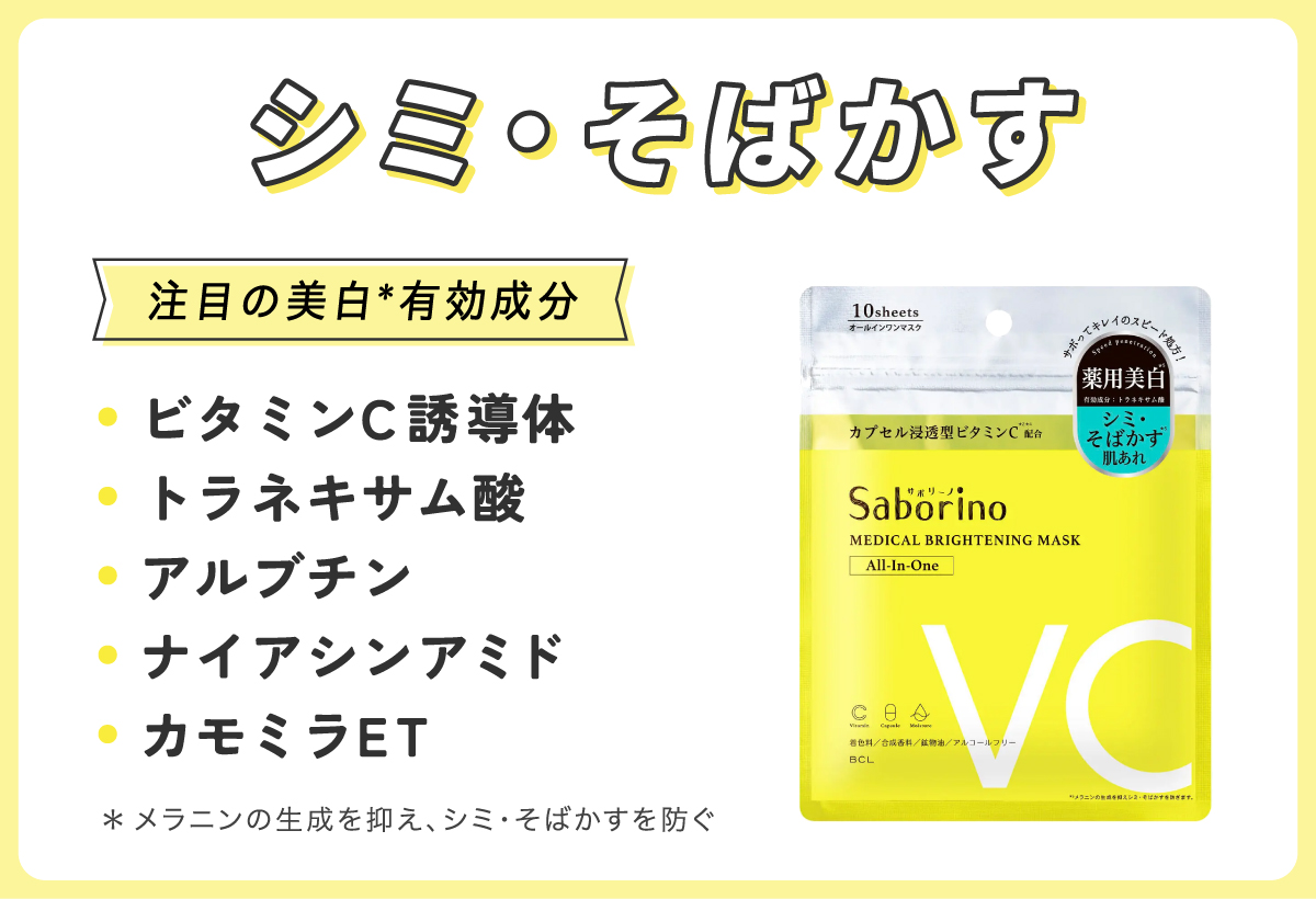 シミ・そばかすにはビタミンC誘導体・トラネキサム酸・アルブチン・ナイアシンアミド・カモミラETなどの美白*有効成分に注目。*メラニンの生成を抑え、シミ・そばかすを防ぐ