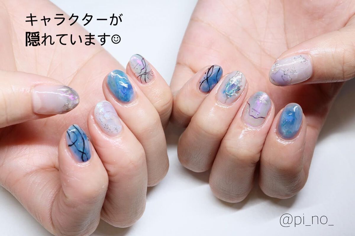 #おまかせネイル,#寒色ネイル,#メタモンネイル,#ポケモンネイル,#ニュアンスネイル,#うるうるネイルのネイルデザイン