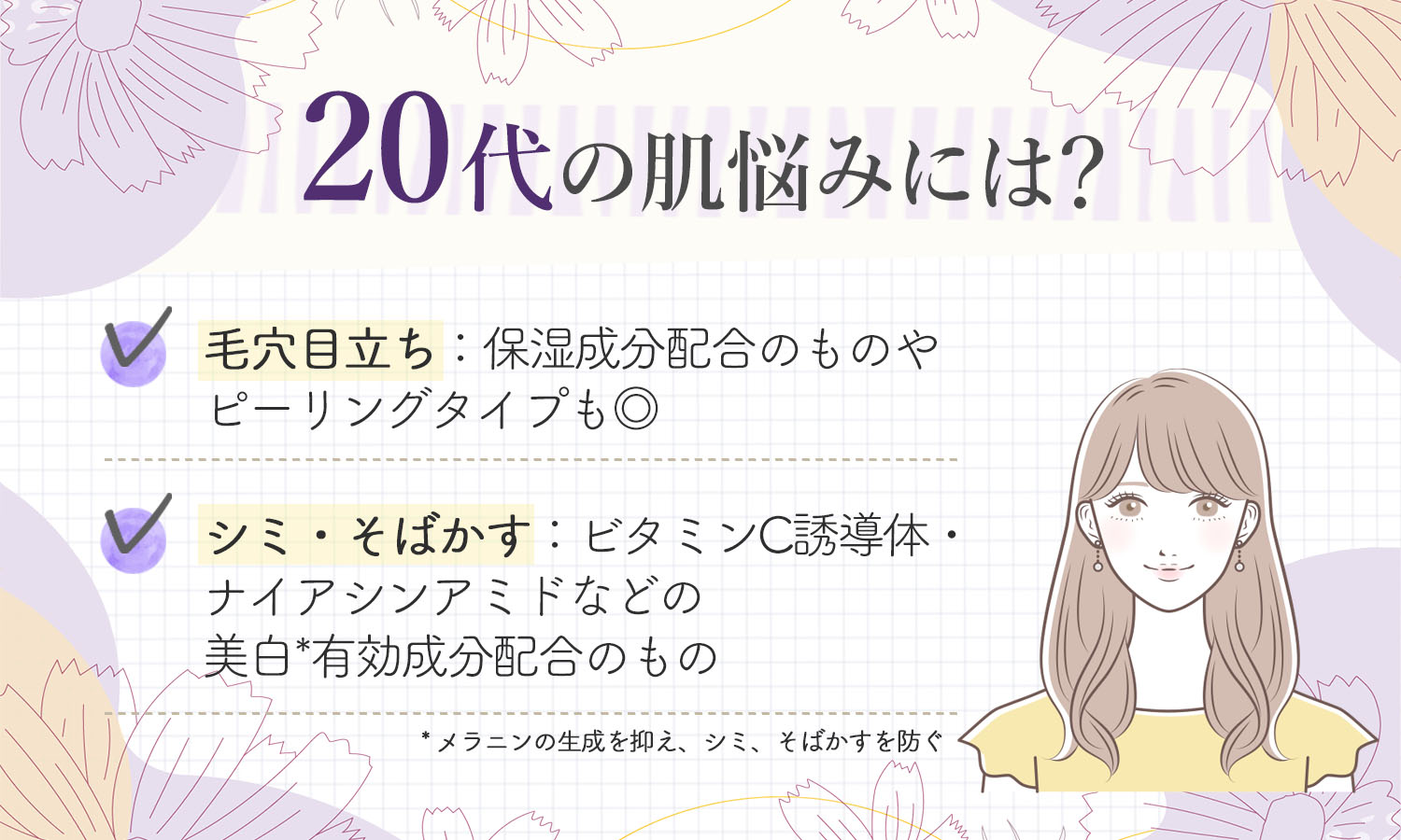 20代の肌悩みには？毛穴目立ちには保湿成分配合のものやピーリングタイプ、シミ・そばかすにはビタミンC誘導体・ナイアシンアミドなどの美白*有効成分配合のものがおすすめ。* メラニンの生成を抑え、シミ、そばかすを防ぐ