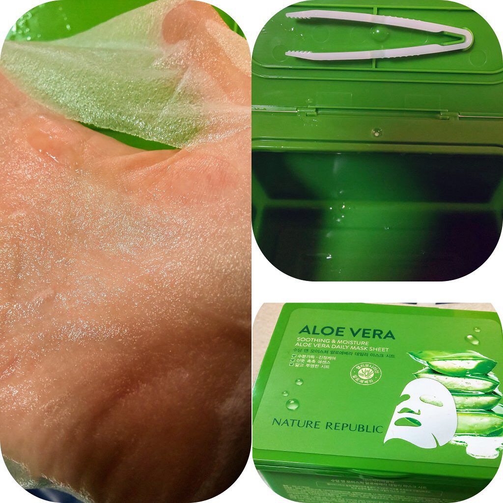 
<ネイチャーリパブリック  >
スージングモイスチャーアロエベラデイリーシートマスク
30枚入(福袋に入ってた)

ピンセット付きで衛生的
でも取り出し口が小さいからとりずらい
シートは薄すくてビックリしたけど液ヒタヒタで
密着力が高いの