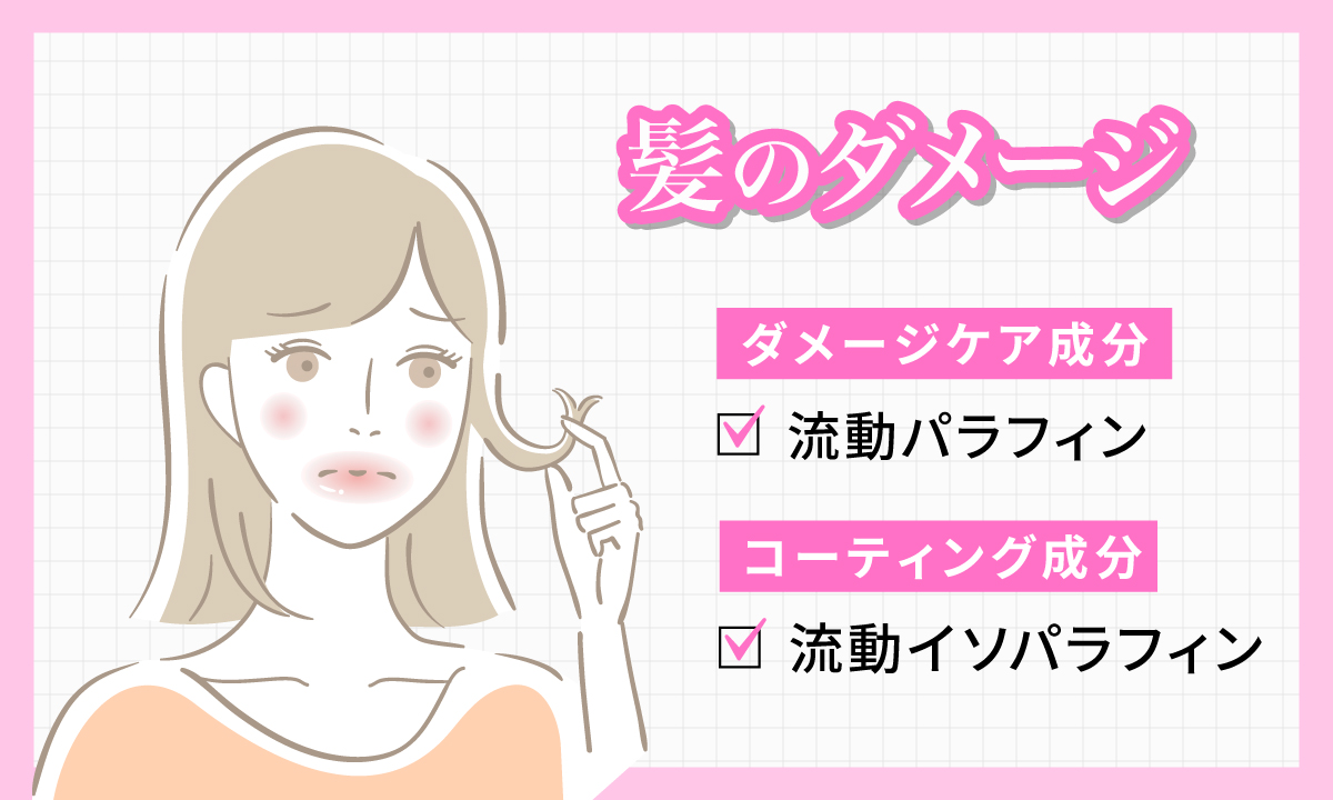 髪のダメージにはダメージケア成分の流動パラフィン、コーティング成分の流動イソパラフィンに注目。