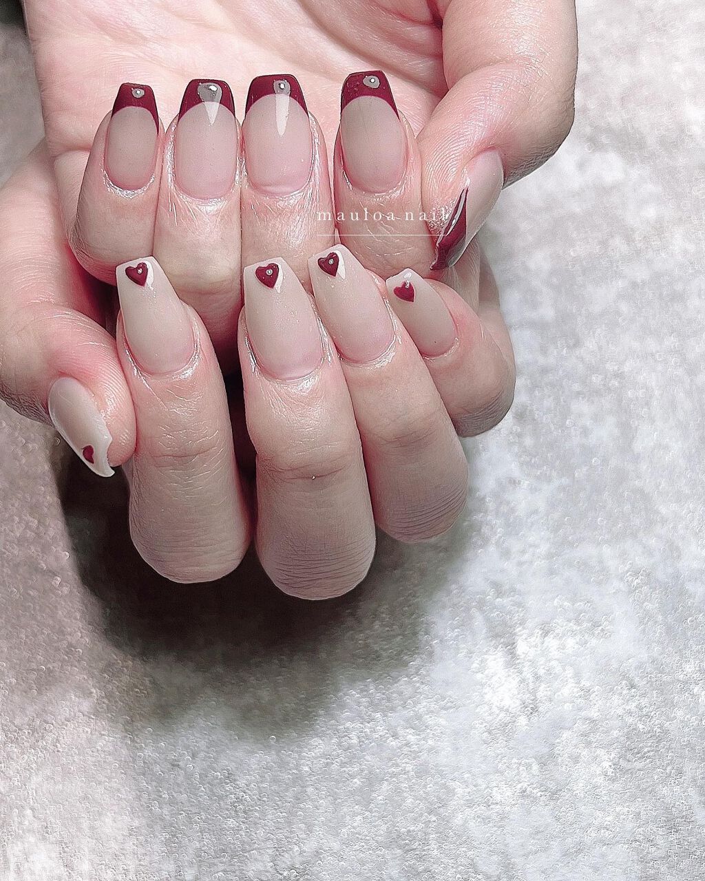 #ハートネイル,#ネイル,#アートネイル,#冬ネイル,#チョコネイル,#リングネイル,#ボルドーフレンチネイル,#ボルドーネイル,#ミラーネイル,#手書きアートネイル,#ハートネイル,#パーツネイル,#ベージュネイル,#バレンタインネイル,#冬ネイル,#天王寺ネイルのネイルデザイン