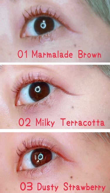 CipiCipi マスカラ 3色揃えて使ってみた🙋‍♀️

01 Marmalade Brown
     ほどよい抜け感のこなれブラウン

02 Milky Terracotta
      瞬時にあか抜け ミルキーテラコッタ

03 Dusty Strawberry
      甘すぎないアンニュイピンク くすみいちごカラー

結論から言うと、正直、私はリピなしです💦

色は可愛いのですが、スウォッチしたカラーとまつ毛に乗せた時で、若干、カラーの印象が違うかも🤔
マスカラの液がもったりしてて、塗る前にしっかり液を落としてから使用しないとダマになります💦
そして、色もハッキリ付くワケでもなく、ムラになります💦
そしてそして、なかなかセパレートしません💦

使用していて分かったのは、最初は、根元から左右にジグザグ塗って、長さを出してから、マスカラを縦に持ち、縦塗りしたら、比較的、上手く色が乗る感じがしました！

ロング効果はあります！
お湯落ちもします！
カールキープ力もそこそこあります！

私の使い方が悪いのかもしれませんし、私はパキッと発色の方が好み…という事もあると思います！

良い所もたくさんあるマスカラだと思うので、一見は百聞にしかず…なので、使ってみて下さい🙌
後悔はしないマスカラだと思います🙆‍♀️

#CipiCipi #ラッシュフルール 
#01 #マーマレードブラウン
#02 #ミルキーテラコッタ
#03 #ダスティストロベリー
#3色を比べてみた #本音レポ の画像 その2