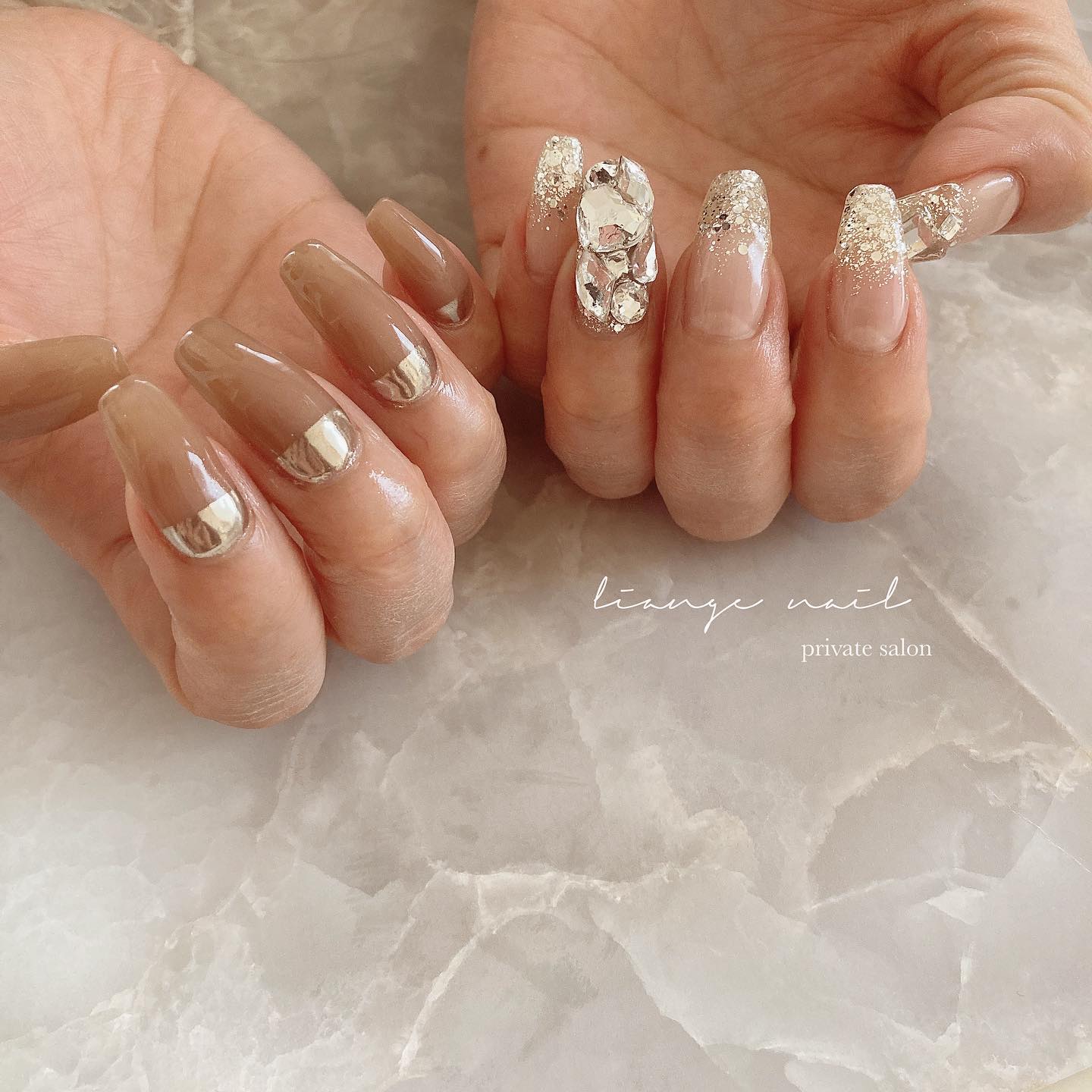 #リアンジェネイル,#柏ネイル,#ネイル,#ニュアンスネイル,#大人ニュアンスネイル,#アシメネイル,#ミラーネイル,#ベージュネイル,#韓国ネイル,#キラキラネイル,#ワンホンネイルのネイルデザイン