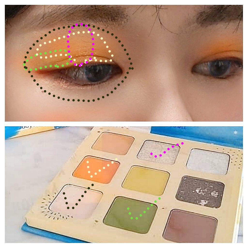 JUDYDOLL ハッピーホリデー9色アイシャドウパレットのクチコミ「グリーン×オレンジで春らしく自分ウケメイク♡

冬ビビ春ビビのオレンジメイクです。
PC的には.....」（2枚目）