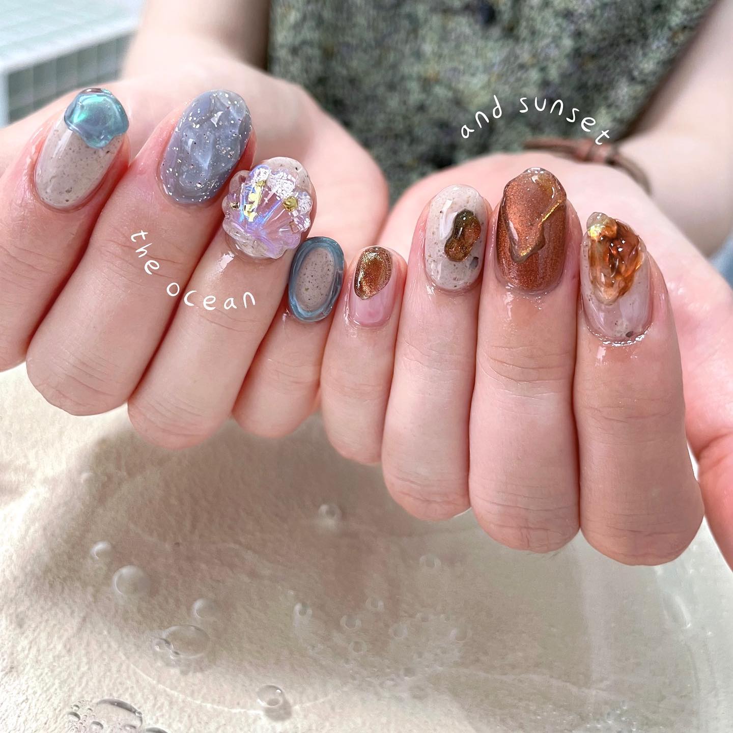 #うるうるネイル,#ぷくぷくネイル,#ニュアンスネイル,#ちゅるんネイル,#海ネイル,#夕日ネイル,#貝がらネイル,#シェルネイルのネイルデザイン