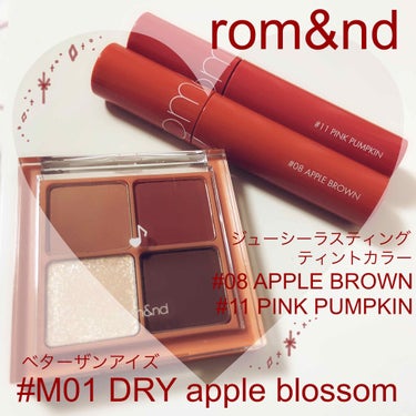 rom&nd
ベターザンアイズ ミュージックシリーズ
 #M01 DRY apple blossom
ジューシーラスティングティントカラー
 #08 APPLE BROWN
 #11 PINK PUMP