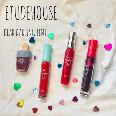 ETUDEHOUSE
DEAR DARLING TINT♡

・ディアダーリンウォータージェルティント
    RD304  （写真2枚目の1番上）
ラメ入りの色で、紫がかった赤みたいな色です！（語彙力