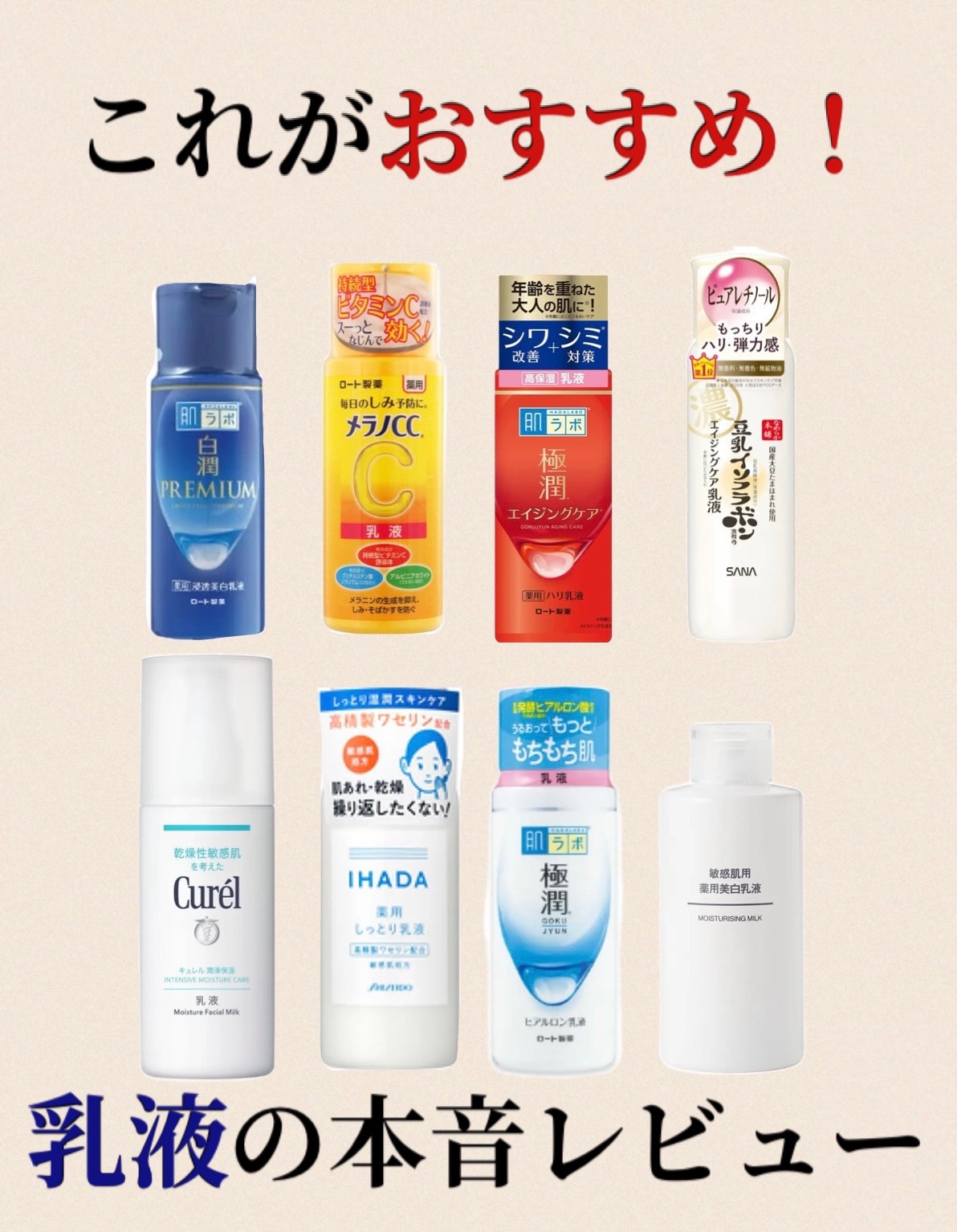 キュレル・無印良品・なめらか本舗・IHADA・肌ラボ・メラノCCの乳液を