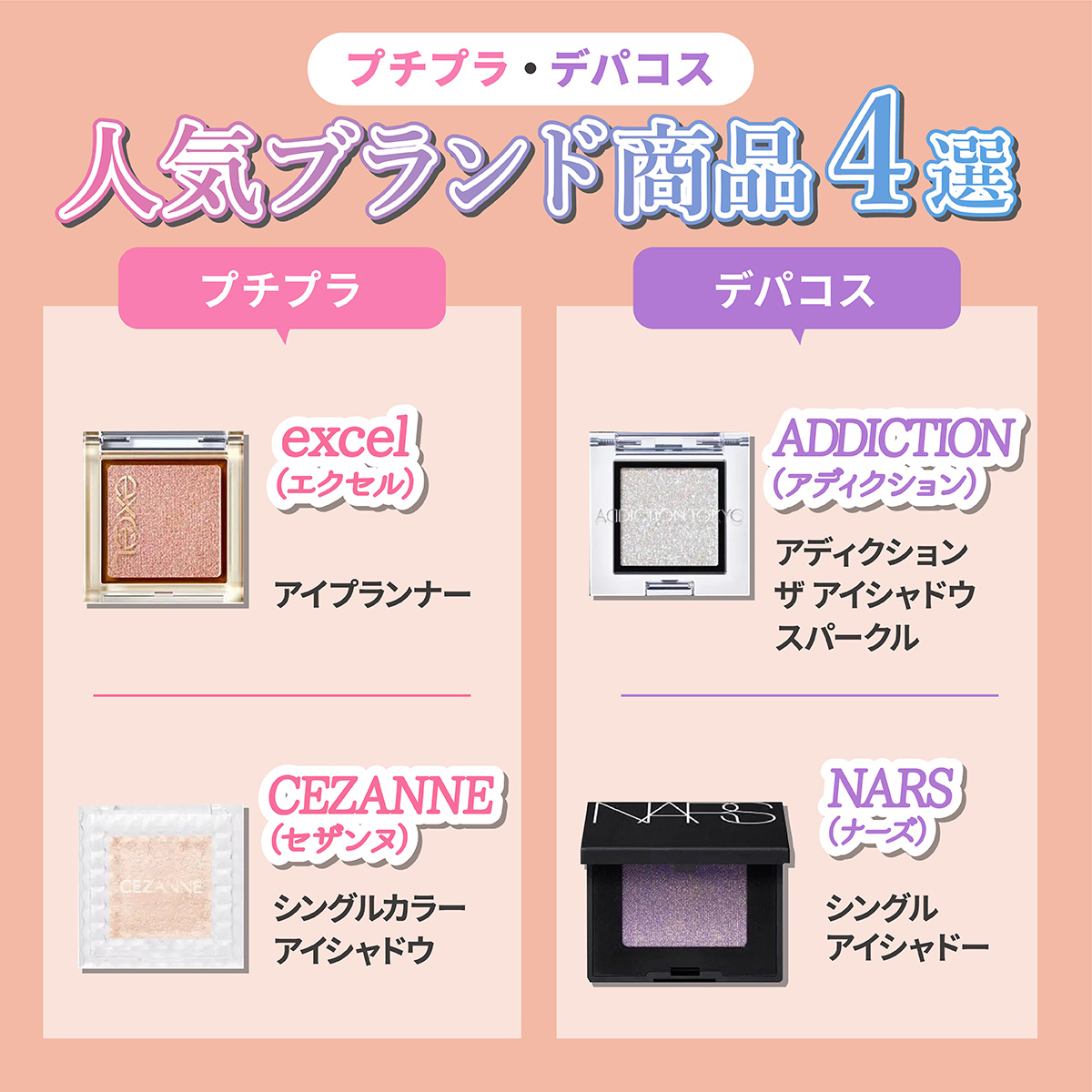 プチプラ・デパコスの人気ブランド商品4選。プチプラはexcel（エクセル）アイプランナー・CEZANNE（セザンヌ） シングルカラーアイシャドウ。デパコスはADDICTION（アディクション）アディクション ザ アイシャドウ スパークル・NARS（ナーズ）シングルアイシャドーが人気。