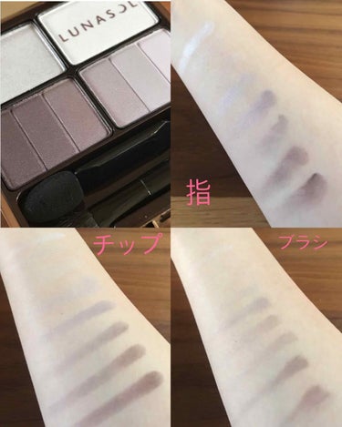 LUNASOLフェザリースモーキーアイズ
04 smoky violet


ブルーグレーみたいなお色のシャドウです！
指、チップ、ブラシでの発色を見てみました！
付属のチップはふわふわでした！
全体的