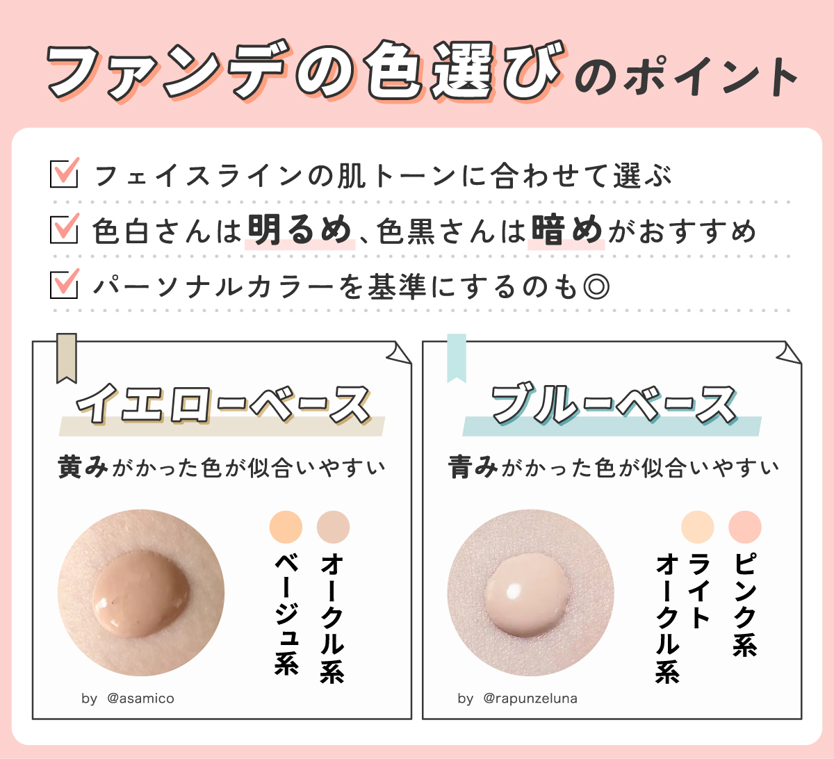 ファンデーションの色選びのポイント。フェイスラインの肌トーンに合わせて選ぶ・色白さんは明るめ、色黒さんは暗めがおすすめ・パーソナルカラーを基準にするのも◎ イエローベースはオークル系・ベージュ系の黄みがかった色が似合いやすい。ブルーベースはライトオークル系・ピンク系の青みがかった色が似合いやすい。