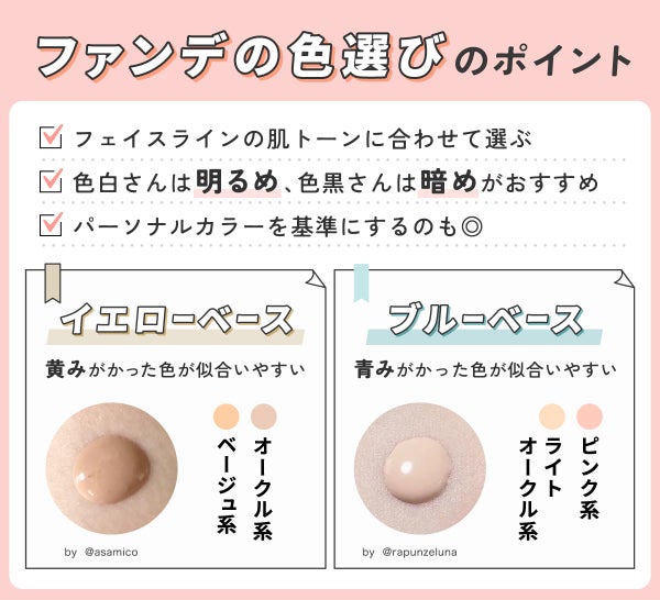 ファンデーションの色選びのポイント。フェイスラインの肌トーンに合わせて選ぶ・色白さんは明るめ、色黒さんは暗めがおすすめ・パーソナルカラーを基準にするのも◎ イエローベースはオークル系・ベージュ系の黄みがかった色が似合いやすい。ブルーベースはライトオークル系・ピンク系の青みがかった色が似合いやすい。
