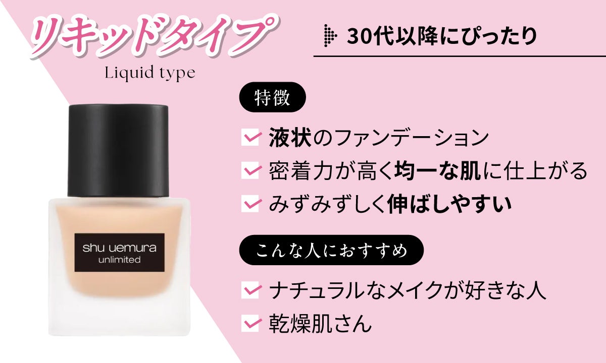 リキッドタイプは液状のファンデーションでみずみずしく伸ばしやすく密着力が高くナチュラルで均一な肌に仕上がるのが特徴です。ナチュラルなメイクが好きな人や乾燥肌さんにおすすめ。