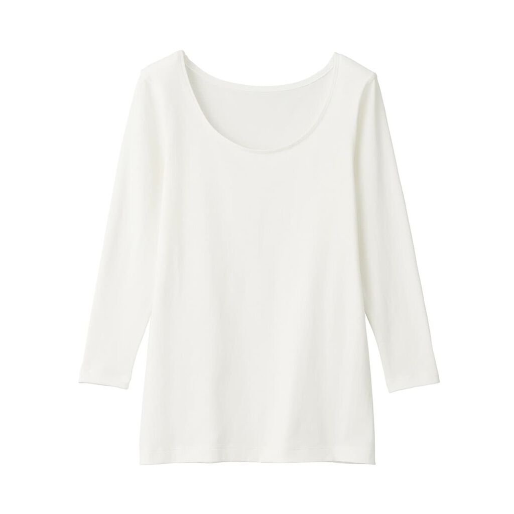 綿であったかUネック八分袖 オフ白