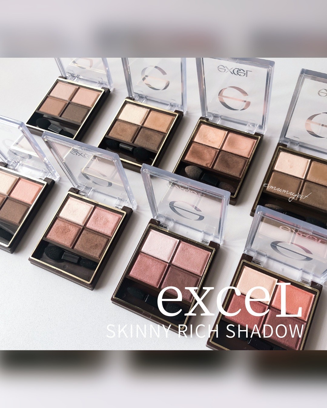 ✦

■ excel
スキニーリッチシャドウ 全８色
------------------------------------

SR01：ベージュブラウン
SR02：リアルブラウン
SR03：ロイヤルブラウン
SR04：スモーキーブラウン