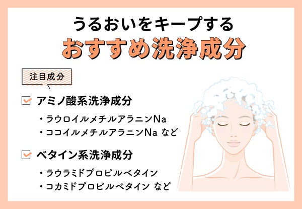 うるおいをキープするおすすめ洗浄成分はラウロイルメチルアラニンNaとココイルメチルアラニンNaなどのアミノ酸系洗浄成分とラウラミドプロピルベタインとコカミドプロピルベタインなどのベタイン系洗浄成分。