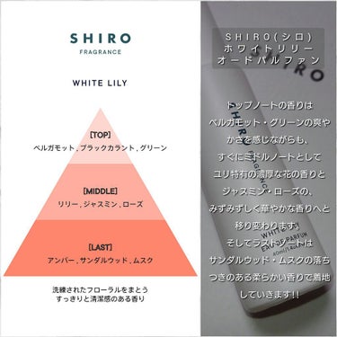 SHIRO ホワイトリリー オードパルファンのクチコミ「今回は、shiroの香水の中でも人気が高く、香水初心者でも圧倒的に扱いやすい✨
爽やかで清楚感.....」（3枚目）