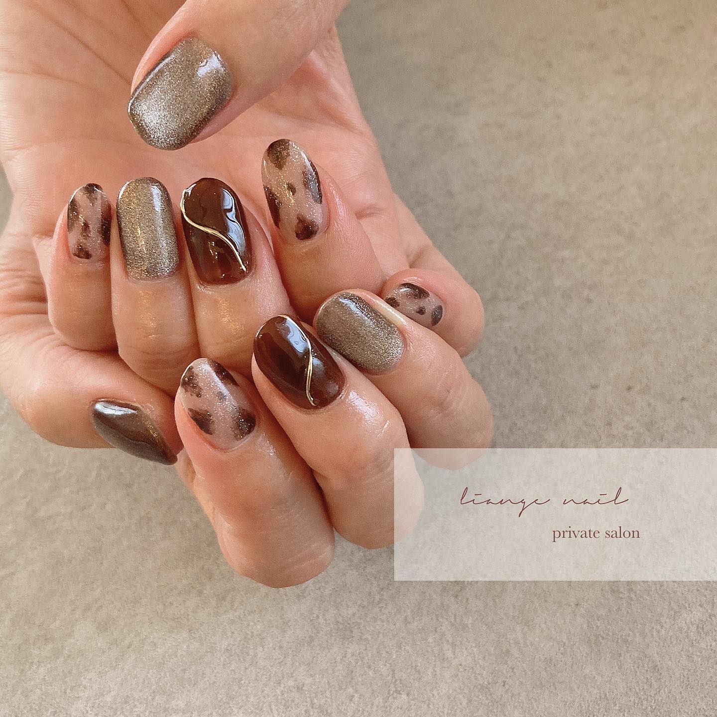 #リアンジェネイル,#柏ネイル,#ネイル,#ニュアンスネイル,#大人ニュアンスネイル,#秋ネイル,#冬ネイル,#ミラーネイル,#レオパードネイル,#マグネットネイルのネイルデザイン