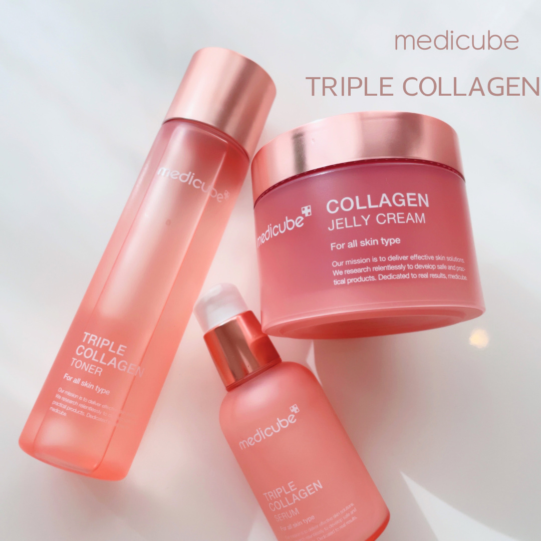 メディキューブもち肌コラーゲントナー3.0


しっとりとハリのある肌をつくるコラーゲンライン


ピンクゴールドのパケも可愛くて思わず手が伸びちゃいますね😘

水分・自生・弾力の3種のコラーゲン※整肌成分）が配合された濃厚なテクスチャー