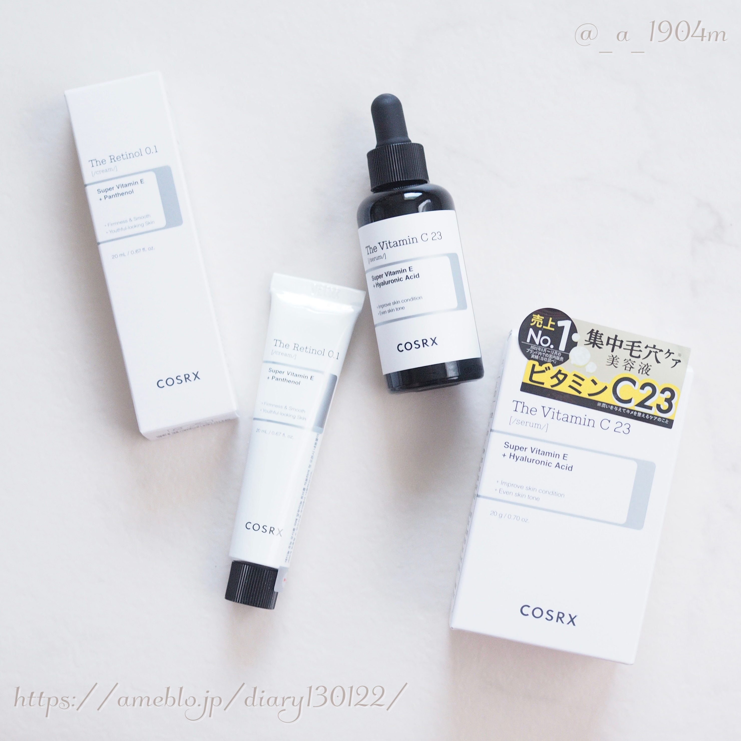 ピュアビタミンを23％配合した美容液とレチノールクリーム。
朝にはビタミン、夜にはレチノールのケアがおすすめ！

ビタミンCのセラムは、とろっとしていて伸びが良いテクスチャー。ベタつかないので、メイクの邪魔にならないのも嬉しい◎

レチノー