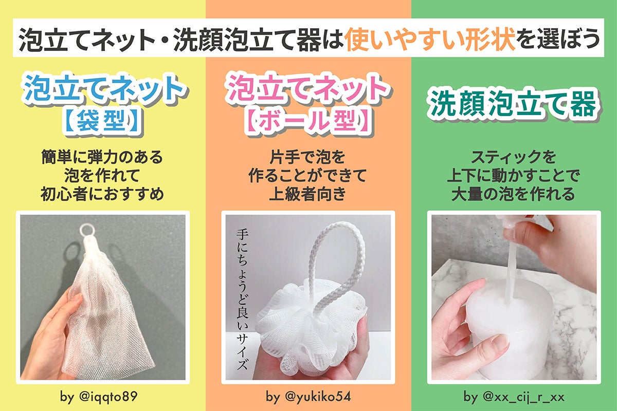 袋型の泡立てネットは簡単に弾力のある泡を作れて初心者におすすめです。ボール型の泡立てネットは片手で泡を作ることができて上級者向き。洗顔泡立て器はスティックを上下に動かすことで大量の泡を作れます。