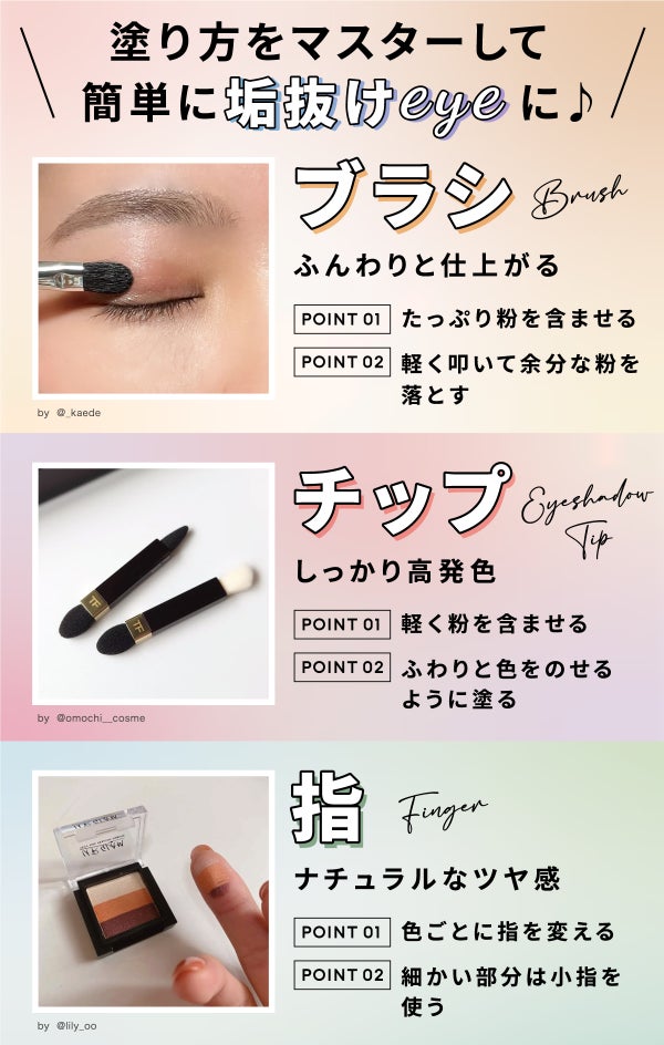 塗り方をマスターして簡単に垢抜けeyeに!ふんわりと仕上がるブラシは、たっぷり粉を含ませる、軽く叩いて余分な粉を落とすのがポイント。しっかり高発色のチップは、軽く粉を含ませて、ふわりと色をのせるように塗るのがポイント。ナチュラルなツヤ感が出る指は、色ごとに指を変え、細かい部分は小指を使うのがポイント。