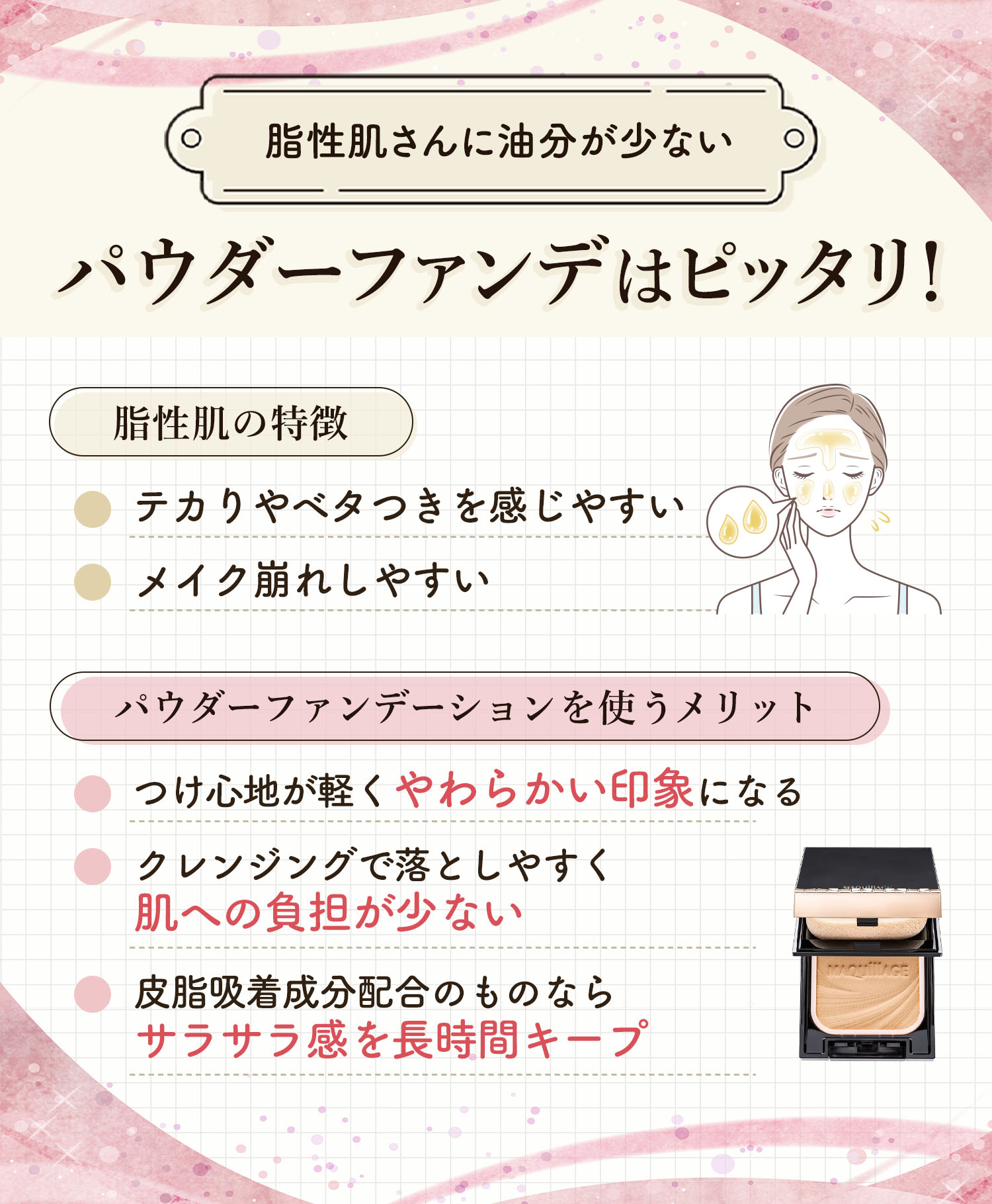 脂性肌さんに油分が少ないパウダーファンデはピッタリ！脂性肌はテカりやベタつきを感じやすくメイク崩れしやすいのが特徴。パウダーファンデーションを使うとつけ心地が軽くやわらかい印象になる・クレンジングで落としやすく肌への負担が少ない・皮脂吸着成分配合のものならサラサラ感を長時間キープなどのメリットがあります。