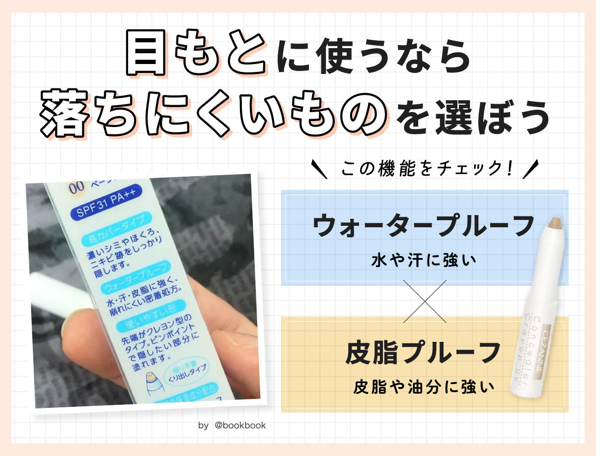 目もとに使うなら落ちにくいものを選ぼう。水や汗に強いウォータープルーフや皮脂や油分に強い皮脂プルーフをチェック。