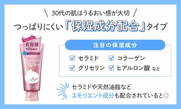 30代の肌はうるおい感が大切なのでつっぱりにくい保湿成分配合タイプがおすすめ。セラミド・グリセリン・コラーゲン・ヒアルロン酸などの保湿成分に注目。セラミドや天然油脂などエモリエント成分も配合されていると◎。