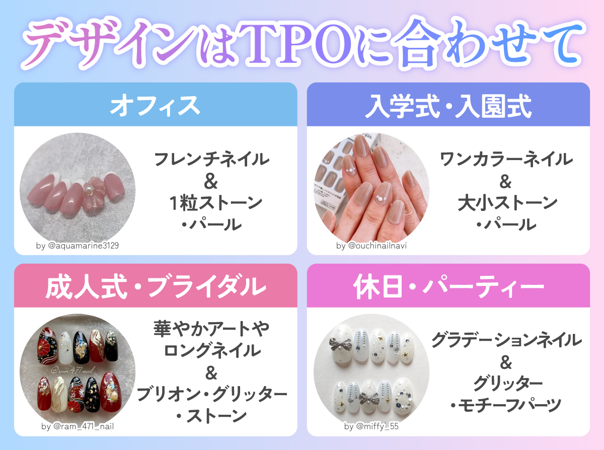 オフィスにはフレンチネイルに1粒ストーンやパール、入学式・入園式にはワンカラーネイルに大小ストーンやパール、成人式・ブライダルには華やかアートやロングネイルにブリオン・グリッター・ストーン、休日・パーティーにはグラデーションネイルにグリッターやモチーフパーツがおすすめ。