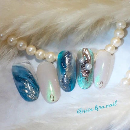 #ネイル,#ジェルネイル,#夏ネイル,#爽やかネイル,#ブルーネイルのネイルデザイン