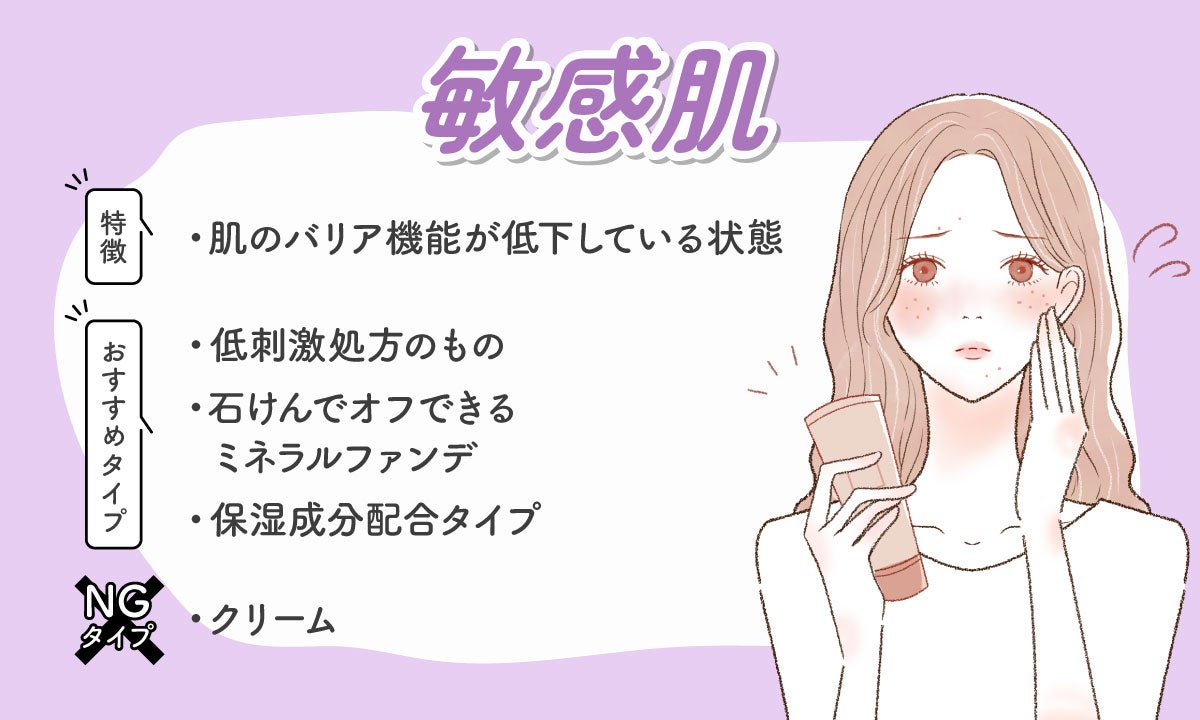 敏感肌の特徴は肌のバリア機能が低下している状態。低刺激処方のもの、石けんでオフできるミネラルファンデ、保湿成分配合タイプがおすすめ。NGタイプはクリーム。