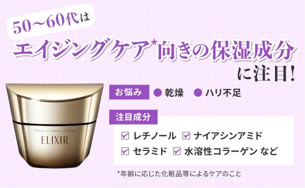 50~60代はエイジングケア*向きの保湿成分に注目!乾燥やハリ不足といったお悩みにおすすめ。注目成分はレチノール・ナイアシンアミド・セラミド・水溶性コラーゲンなど。*年齢に応じた化粧品等によるケアのこと