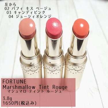 FORTUNE Marshmallow Tint Rouge
フォーチュン マシュマロ ティント ルージュ
3.8g
¥1,650（税込み）
02　パフィ キス ベージュ
03　キャンディピンク
04　