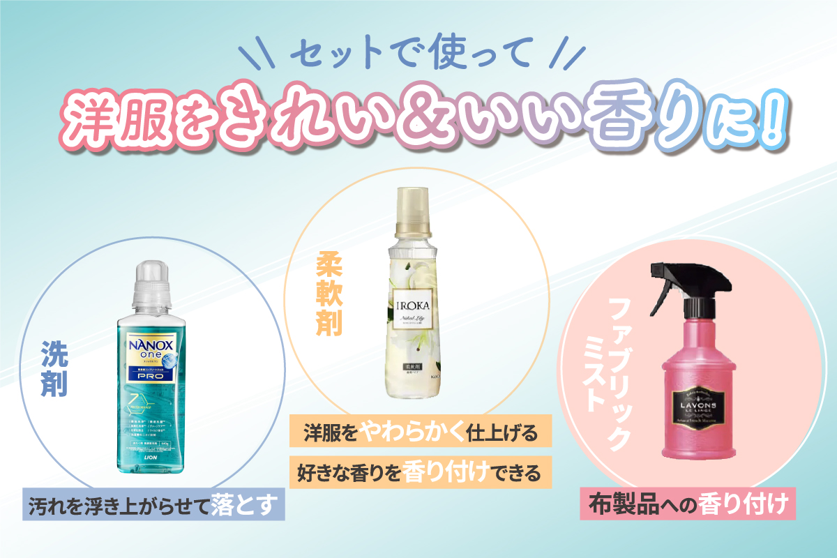 セットで使って洋服をきれい&いい香りに！洗剤は汚れを浮き上がらせて落とす。柔軟剤は洋服をやわらかく仕上げ、 好きな香りを香り付けできる。ファブリックミストは布製品への香り付け。