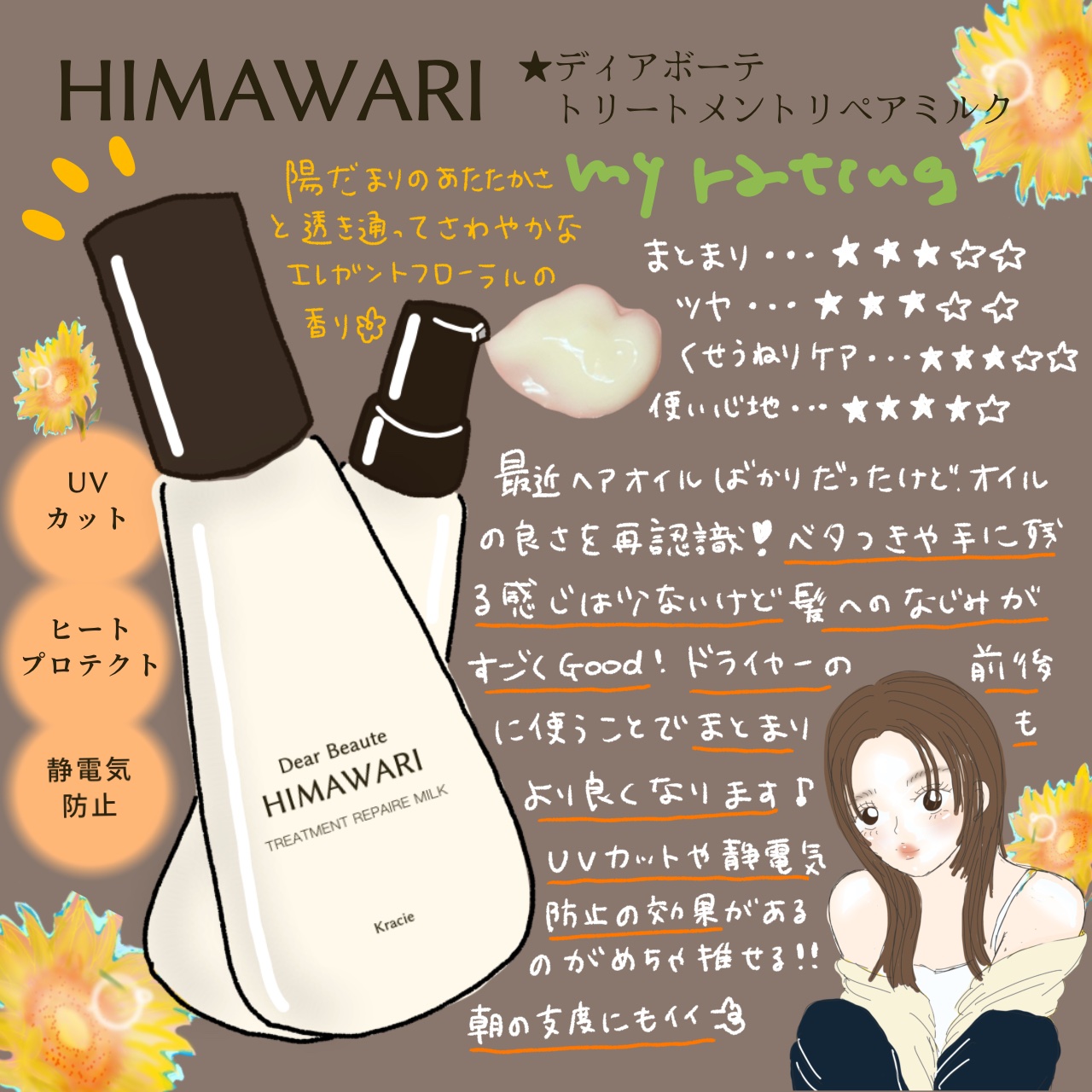 HIMAWARIのリペアミルクがめっちゃ万能だった〜😳😳🌻

こちらの商品はLIPSを通してディアボーテ様からいただきました☺️ありがとうございます🤍
（投稿が少し遅れてしまい、申し訳ありません😣）




最近はもっぱらヘアオイ