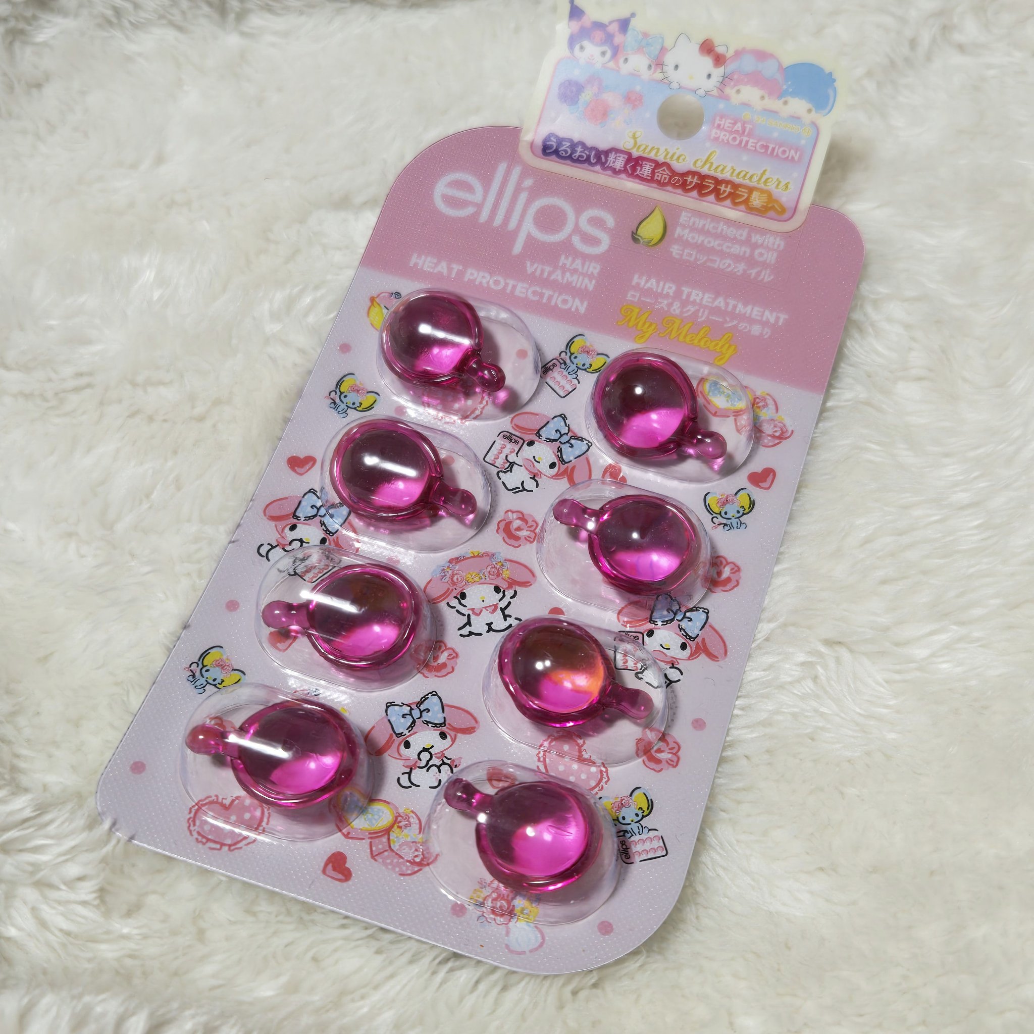  【サンリオ限定デザイン】ellips（エリップス）ヘアオイル シートタイプ8粒 （ピンク／ローズ＆グリーンの香り）マイメロ/ellips/ヘアオイルを使ったクチコミ（1枚目）