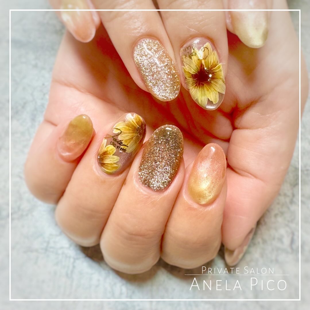 #ネイル,#ジェルネイル,#ひまわりネイル,#夏ネイル,#サマーネイルのネイルデザイン