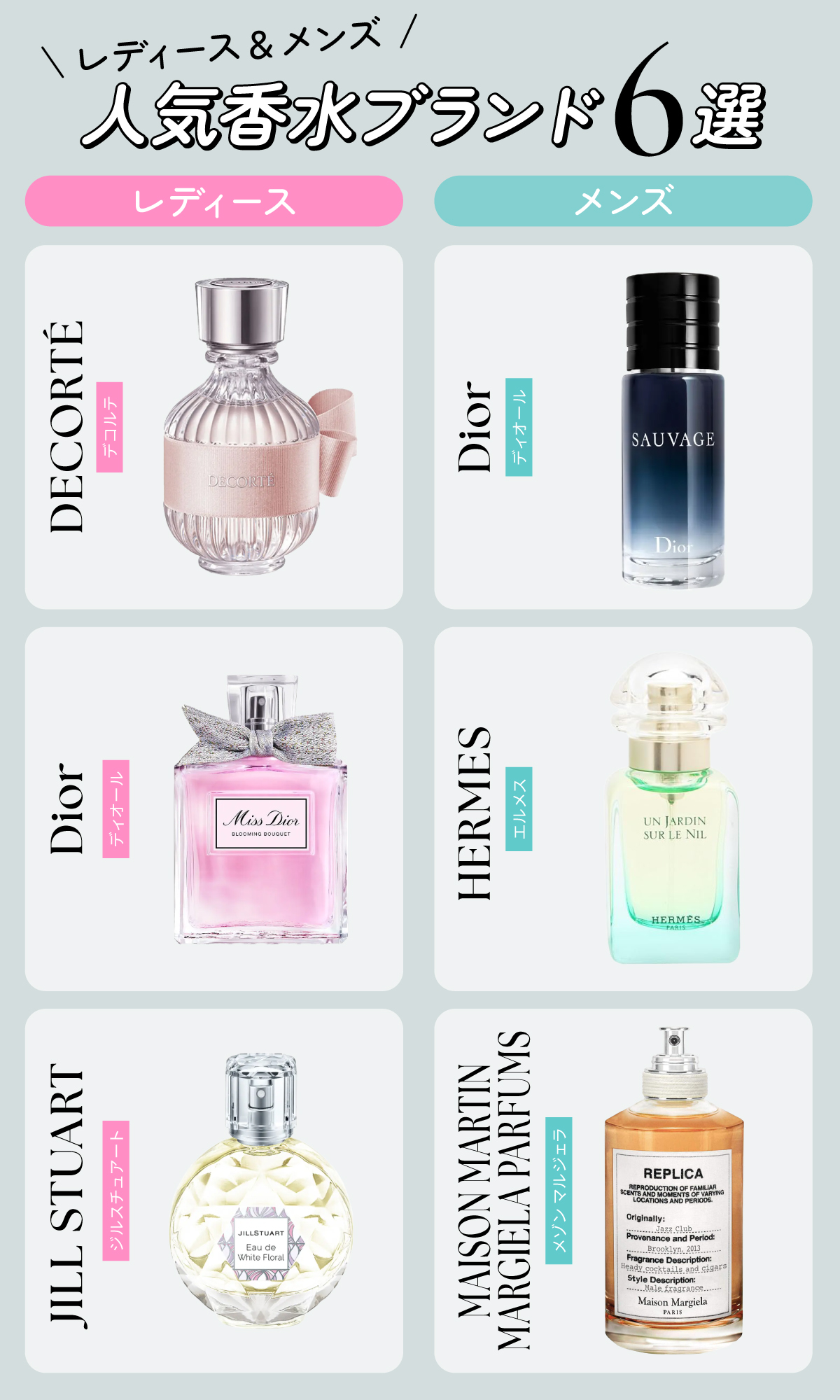 レディース&メンズ人気香水ブランド6選。レディース香水はDECORTÉ（デコルテ）・Dior（ディオール）・JILL STUART （ジルスチュアート）。メンズ香水はDior（ディオール）・HERMES （エルメス）・MAISON MARTIN MARGIELA PARFUMS （メゾン マルジェラ）。