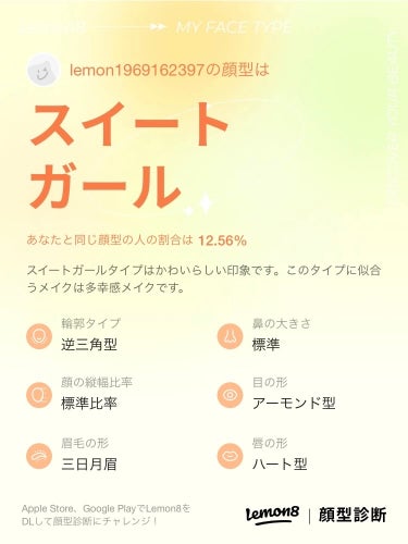 Lemon8🍋の顔型診断やってみました。

多幸感メイクが似合うらしいです。


目元メイクもリップメイクも何でも似合うって書いてて、逆に迷う結果に。

なんか全体的に標準的な結果でした。
いいのか悪い