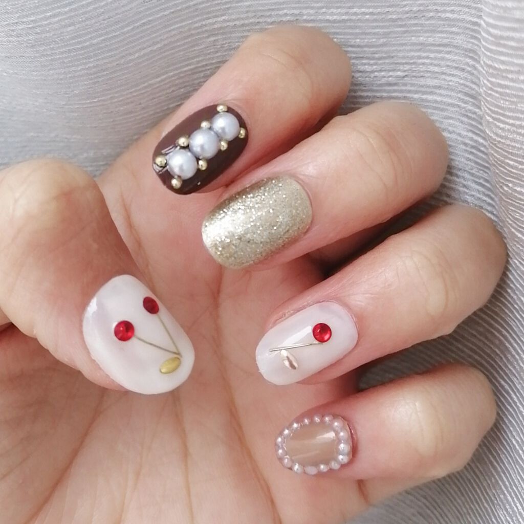 #春恋ネイル,#春ネイル,#さくらんぼネイル,#百均ネイルのネイルデザイン