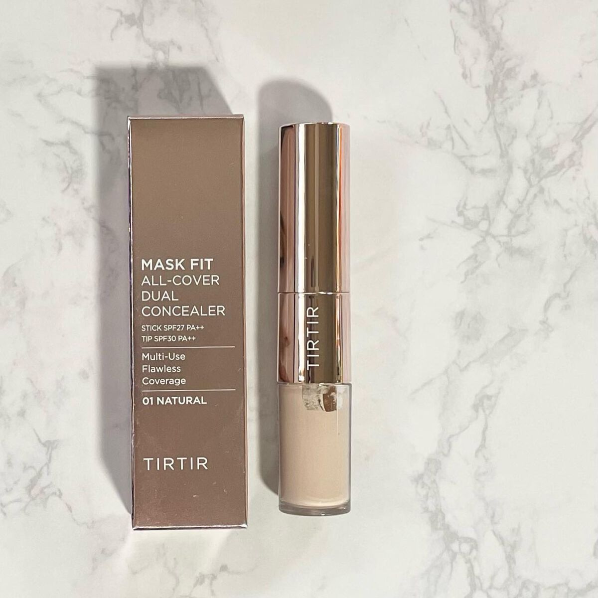 TIRTIR #マスクフィットオールカバーデュアルコンシーラー をお試し✨

ベース代わりとして広範囲に使えて口角などのくすみもカバーできるスティックと、赤みやニキビ跡などピンポイントにカバーできるリキッドがひとつに！

カバー力が高いのに