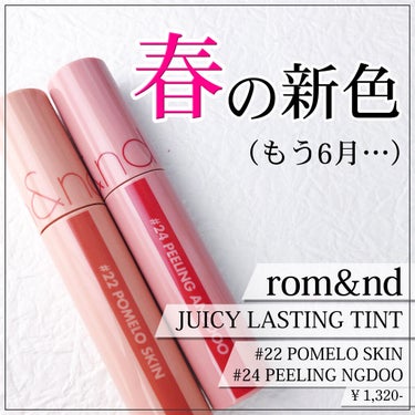 \ ✳︎ロムアンド春の新色！今更アップ。笑✳︎ /﻿
﻿
﻿
【rom&nd】﻿
✔︎ジューシーラスティングティント /¥1,320-
 #22 pomeo skin
 #24 peeling andg